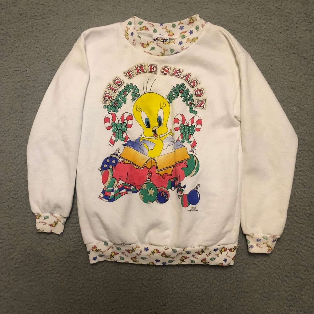 Vtg 1996 Tweety Bird Looney Tunes Christmas Sweatshirt Kids White Holiday